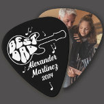 Black White Retro Groovy Best Dad Photo Guitar Pick<br><div class="desc">Best Dad is written in the popular retro groovy font and fit into the silhouette of a guitar. Dad's name is written below in a retro script along with the date. Music notes add to the design. You can place your favorite dad photo on the back.</div>