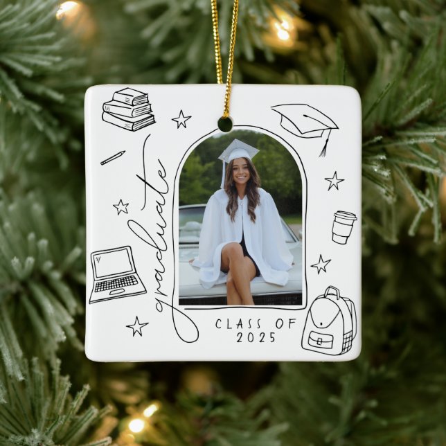 Black White Retro Hand Drawn Photo Graduation Ceramic Ornament (Tree)