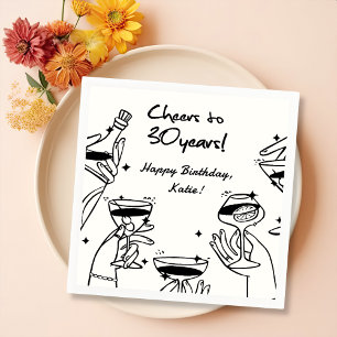 Black White Retro Handdraw Funky Cocktail Birthday Paper Dinner Napkins