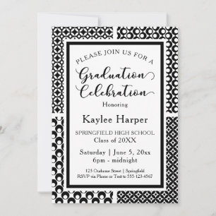 Black & White Retro Patterns Graduation Party Invitation