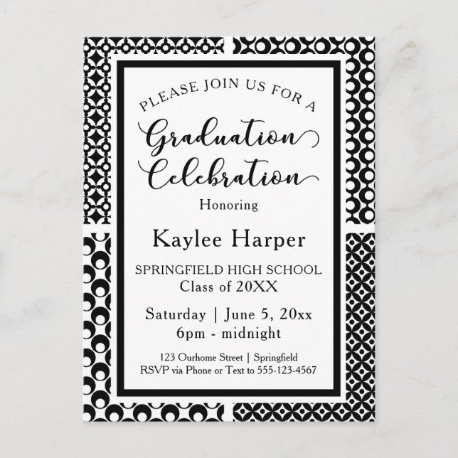 Black & White Retro Patterns Graduation Party Invitation Postcard (Front)