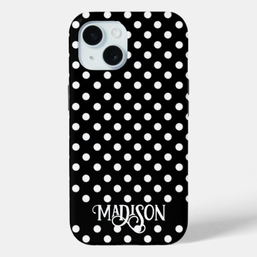 Black white retro polka dots elegant script iPhone 15 case