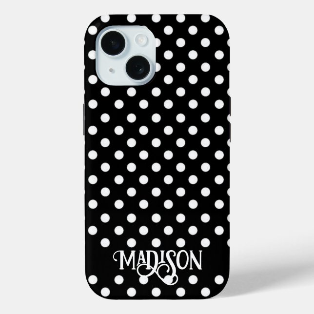 Black white retro polka dots elegant script Case-Mate iPhone case (Back)