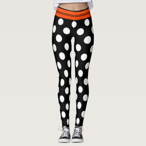 Black  white retro polka dots with orange stripe leggings