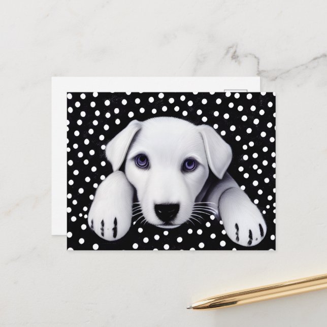 Black & White Retro Puppy & Polkadots Postcard (Front/Back In Situ)