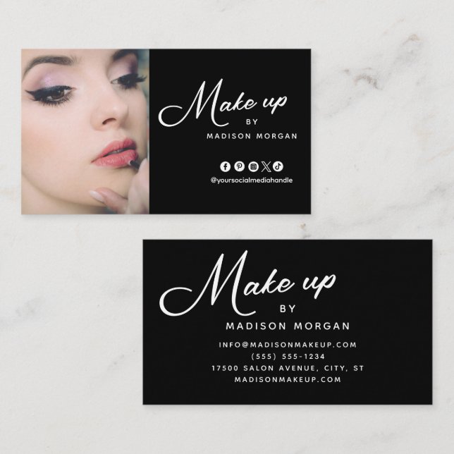 Black & White Retro Script Photo Makeup Business Card (Front/Back)