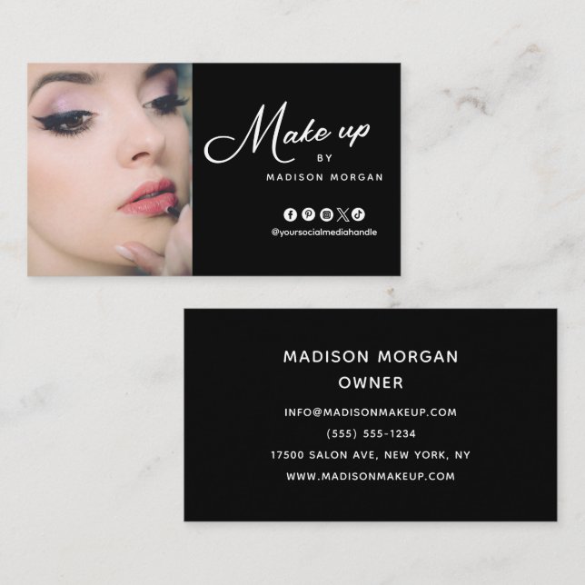 Black & White Retro Script Photo Makeup Business Card (Front/Back)