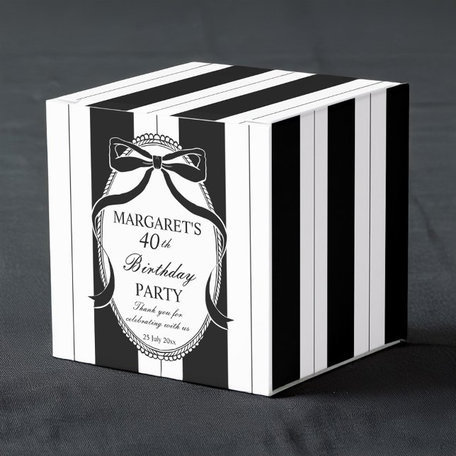 Black white retro stripes birthday favors custom favor boxes (Black and white retro stripes coquette birthday party favors personalized favor boxes)