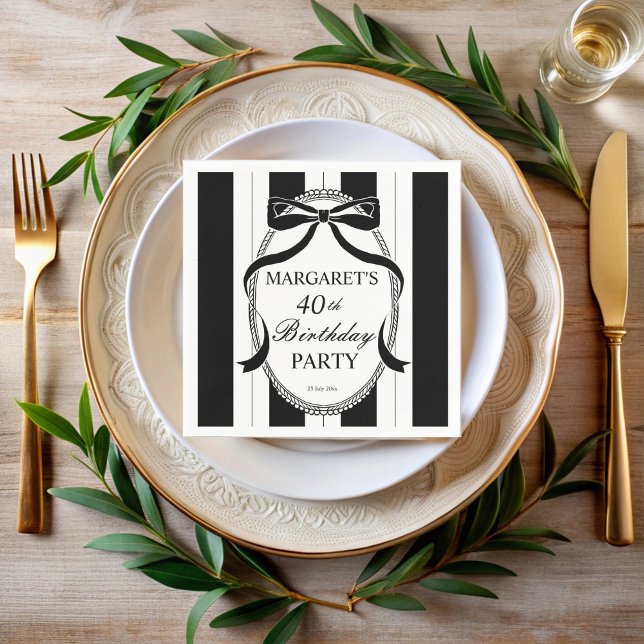 Black white retro stripes bow birthday monogrammed napkins (Black white retro stripes bow border adults birthday party elegant monogrammed printed napkins)