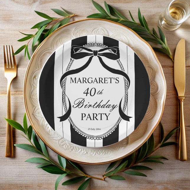Black white retro stripes bow birthday monogrammed paper plates (Black white retro stripes bow birthday monogrammed paper plates personalized birthday party decor)