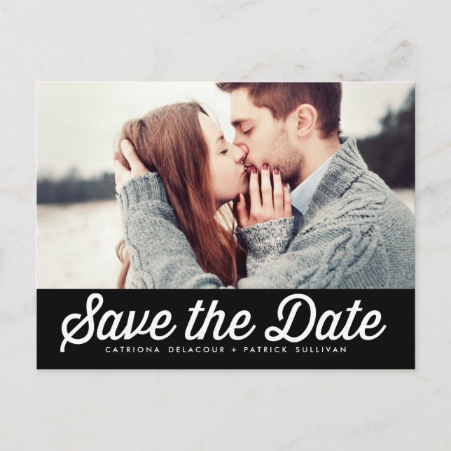 Black & White Retro Typography Save the Date Photo Announcement Postcard (Front)