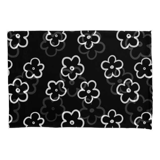 Black White Retro Y2K Bold Botanical Blossom Pillow Case (Front)