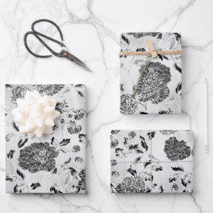 Black & White Reverse Dahlias Floral Vine Wrapping Paper Sheets