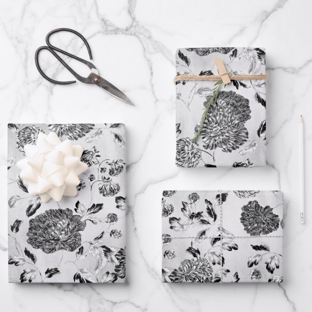 Black & White Reverse Dahlias Floral Vine  Wrapping Paper Sheets (Front)