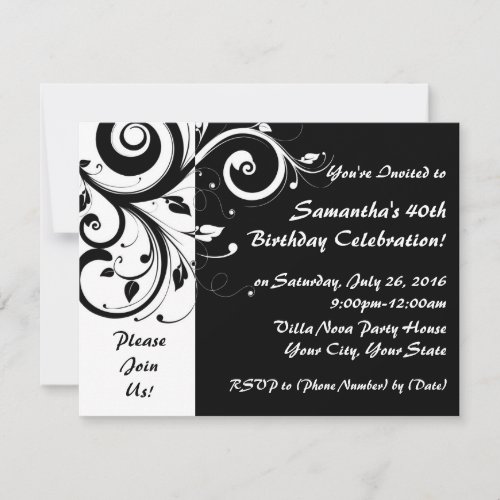 Black+White Reverse Swirl 40th Party Invitations