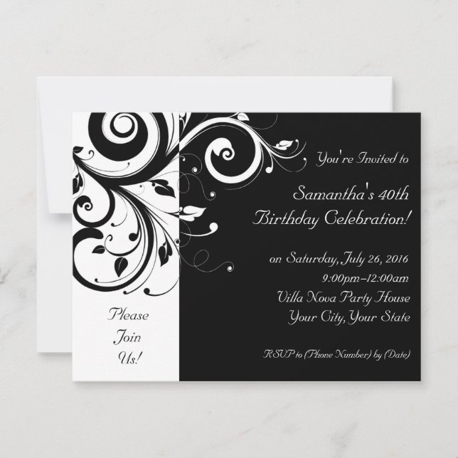 Black+White Reverse Swirl Party Invitations (Front)
