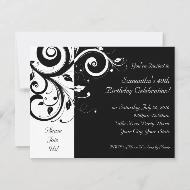 Black+White Reverse Swirl Party Invitations | Zazzle