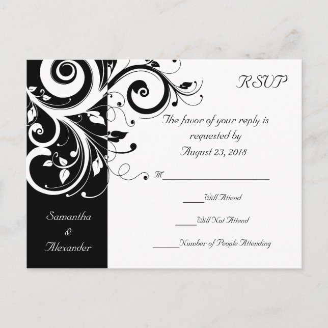 Black +White Reverse Swirl Wedding RSVP Postcard (Front)