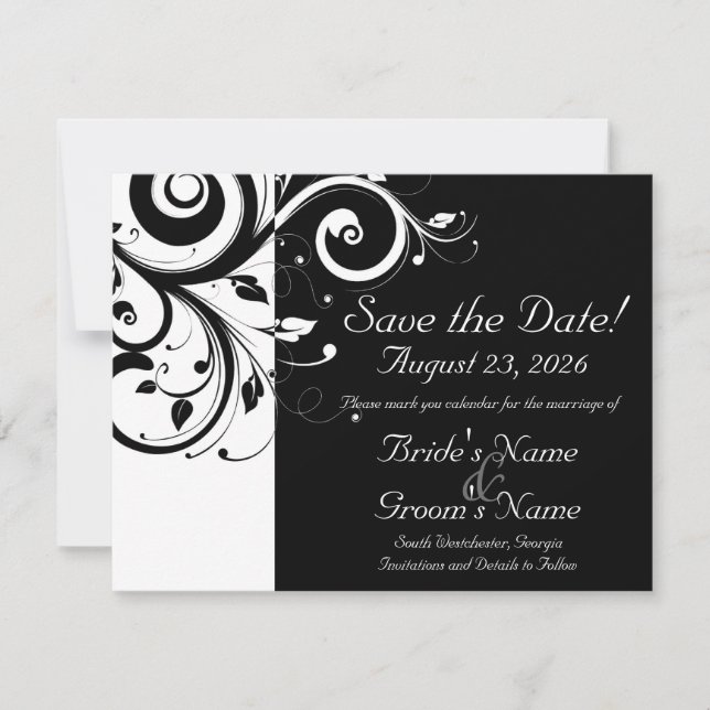 Black +White Reverse Swirl Wedding Save the Date (Front)
