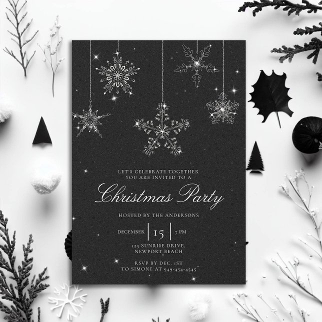 Black White Rhinestone Snowflake Glitter Christmas Invitation (rhinestones glitter christmas party invitation elegant black white modern minimalist classy stylish )