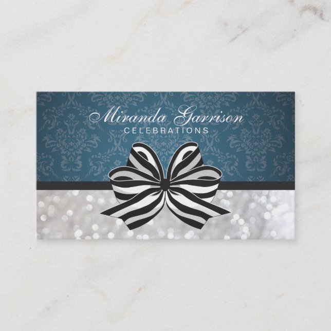 Black White Ribbon / Blue Damask Business Card (Front)