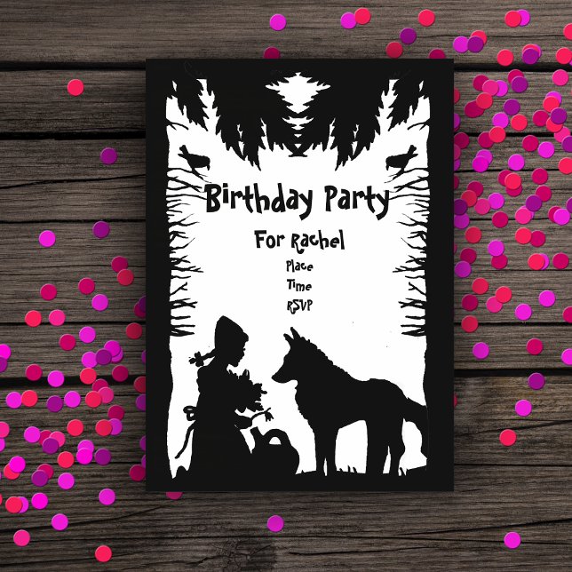 Black White Riding Hood Wolf Trees Birthday Acrylic Invitations (Red riding hood wolf in forest trees birds watering can on black white acrylic Birthday invitation.)