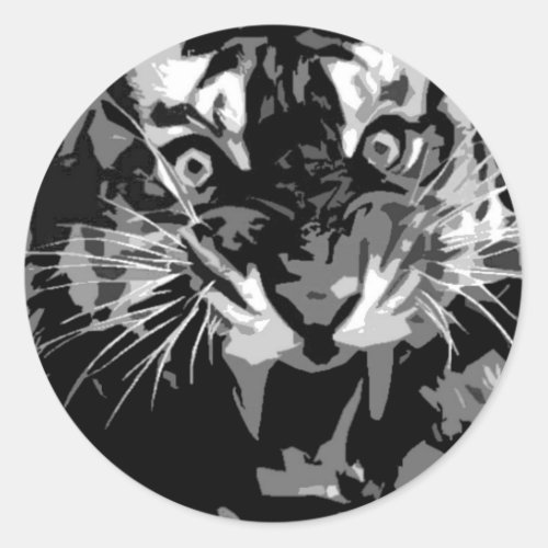 Black  White Roaring Tiger Classic Round Sticker