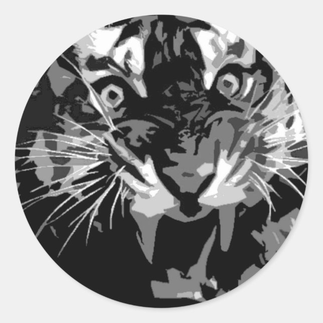 Black & White Roaring Tiger Classic Round Sticker (Front)