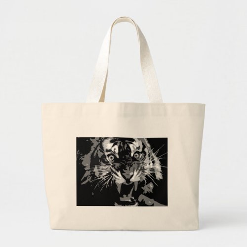 Black  White Roaring Tiger Large Tote Bag