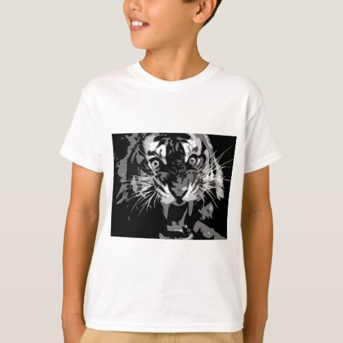 Black  White Roaring Tiger T_Shirt