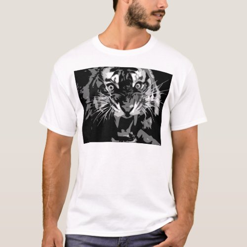 Black  White Roaring Tiger T_Shirt