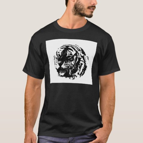 Black  White Roaring Tiger T_Shirt