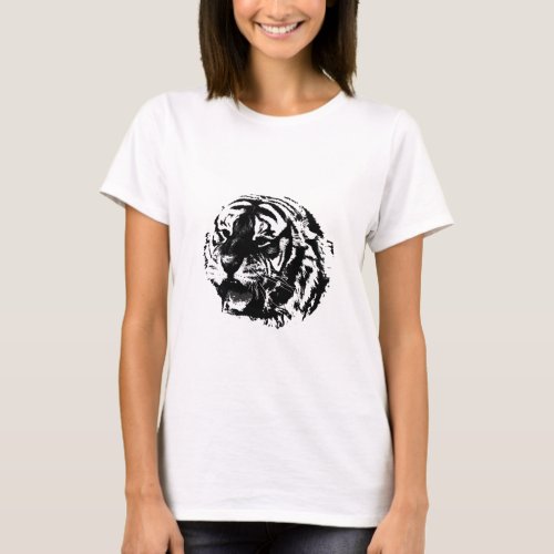 Black  White Roaring Tiger T_Shirt