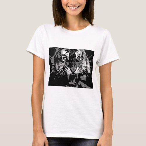 Black  White Roaring Tiger T_Shirt