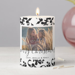 Black White Rococo Merry Christmas Script Photo Pillar Candle