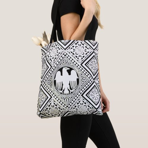 BLACK WHITE ROMAN EAGLE WITH DAMASK MOTIFS TOTE BAG