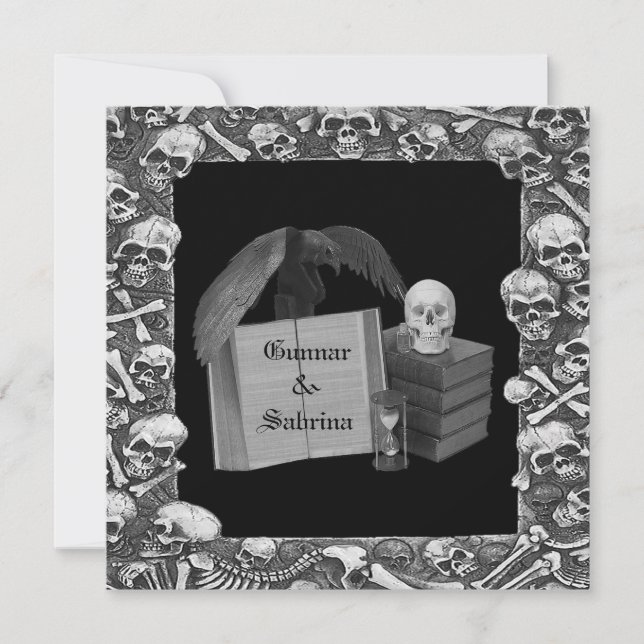 Black & White Romance Skull Spellbook Wedding Invitation (Front)