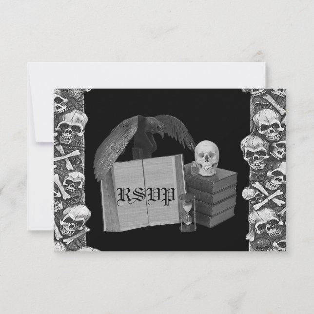 Black & White Romance Skull Spellbook Wedding RSVP Card (Front)