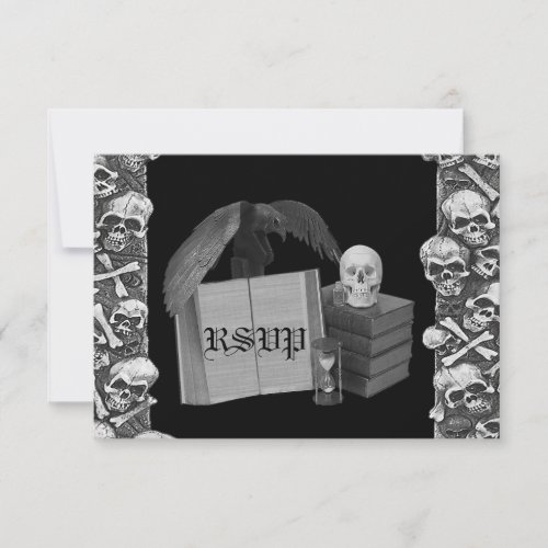 Black  White Romance Skull Spellbook Wedding RSVP Card