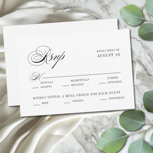 Black White Romantic Script Meal Options Wedding RSVP Card