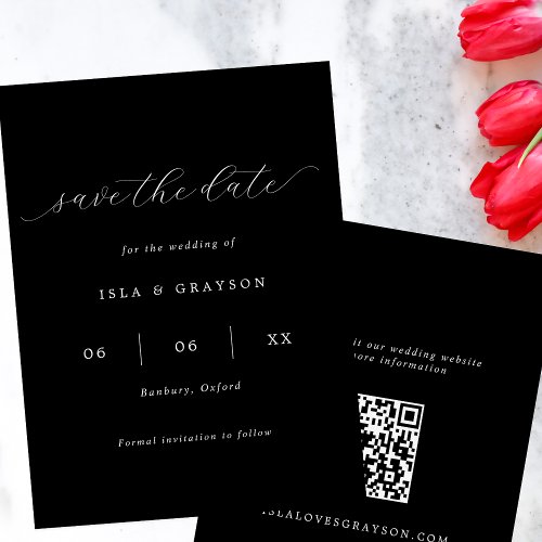 Black  White Romantic Script QR Code Wedding  Save The Date