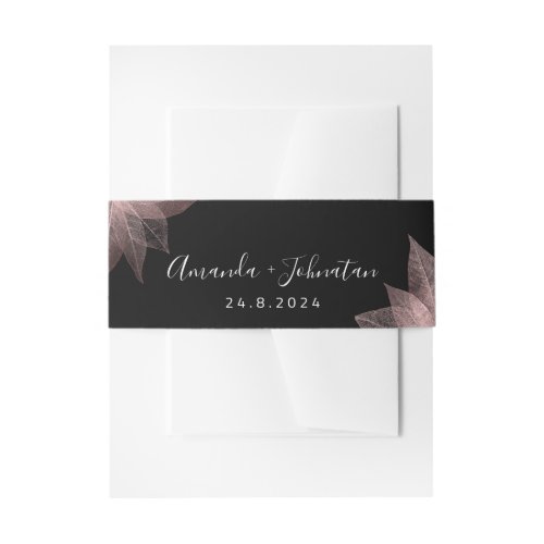 Black White Rose Delicate Name Date Wedding Invitation Belly Band