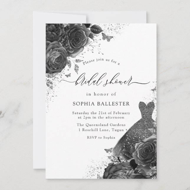 Black & White Rose & Dress Vintage Bridal Shower Invitation (Front)