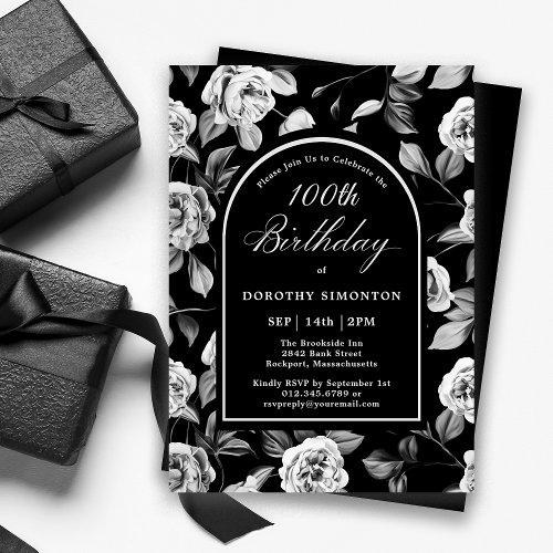 Black White Rose Floral Arch 100th Birthday Invitation
