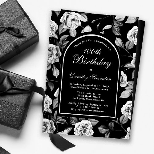 Black White Rose Floral Arch 100th Birthday Invitation