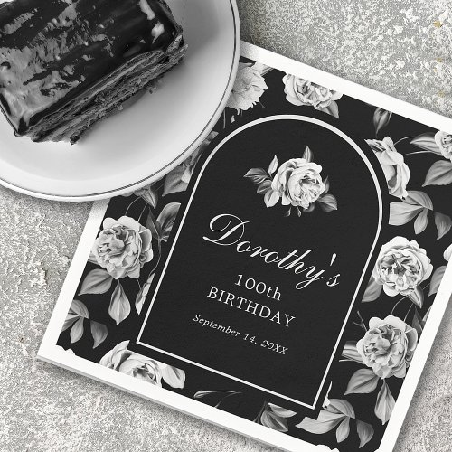 Black White Rose Floral Arch 100th Birthday Party Napkins