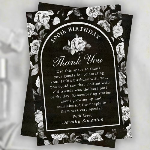 Black White Rose Floral Arch 100th Birthday Thank You Card