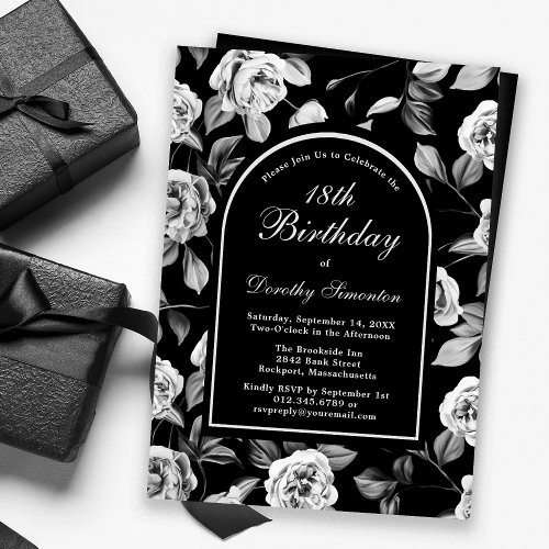 Black White Rose Floral Arch 18th Birthday Invitation