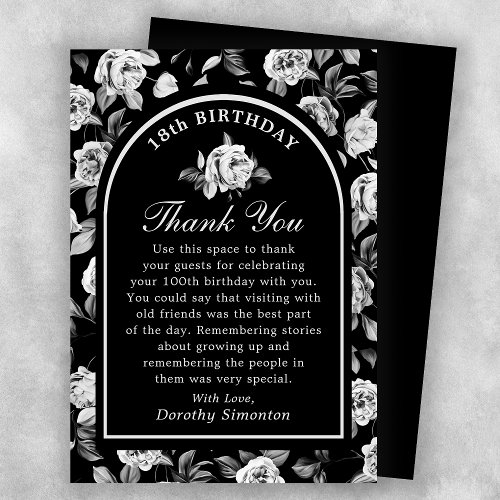 Black White Rose Floral Arch 18th Birthday Thank You Card