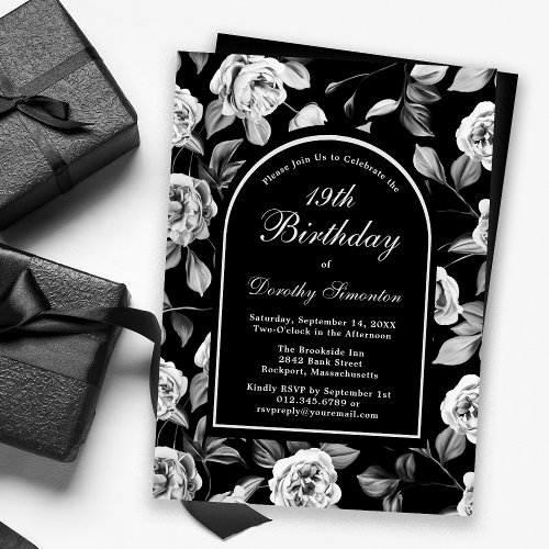 Black White Rose Floral Arch 19th Birthday Invitation